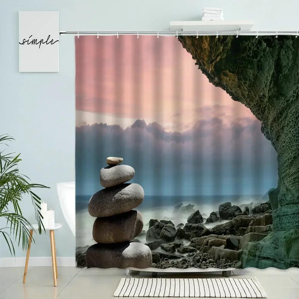 Zen Landscape Shower Curtain Natural Scenery Bathroom Decor Stone Rock Waterfall Beach Boho Polyester Screen With Hooks Washable