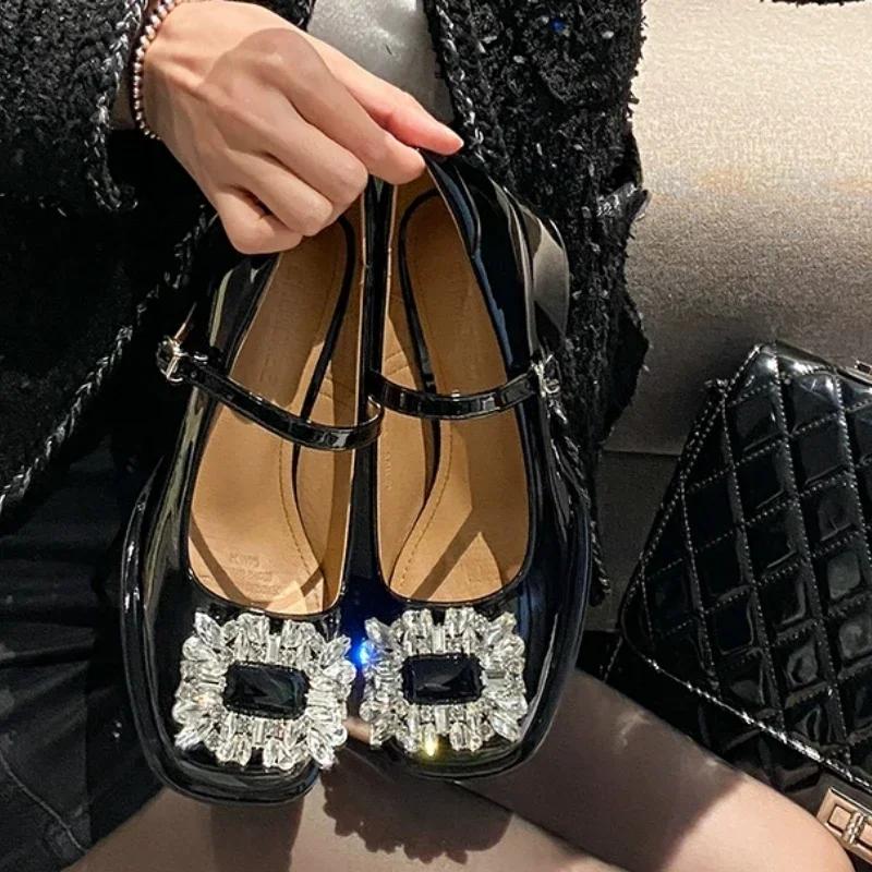 Móda 2024 Módní boty pro ženy S přezkou Dámské lodičky Podzim Mary Jane Čtvercová špička Kamínky Jednobarevné Šaty Robustní podpatky Mělké boty