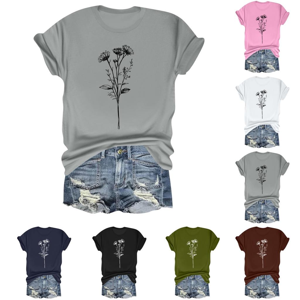 Women's casual floral print loose T-shirt crew-neck pullover short-sleeved top