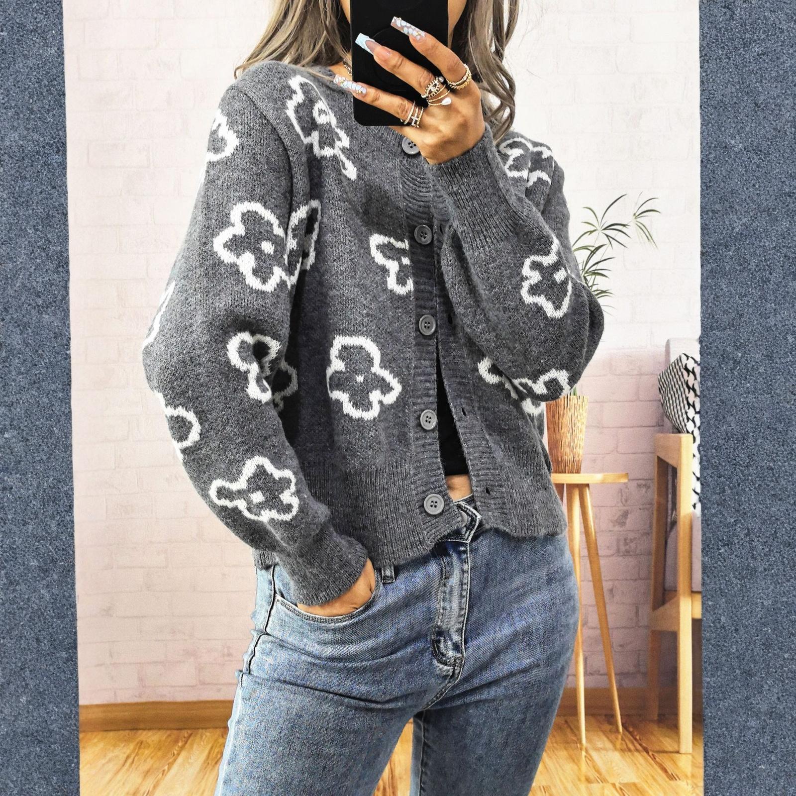 

Women s Fashion Casual Floral Short Single-Breasted Round Neck Long Sleeve Button Knit Sweater Cardigan Jacket M