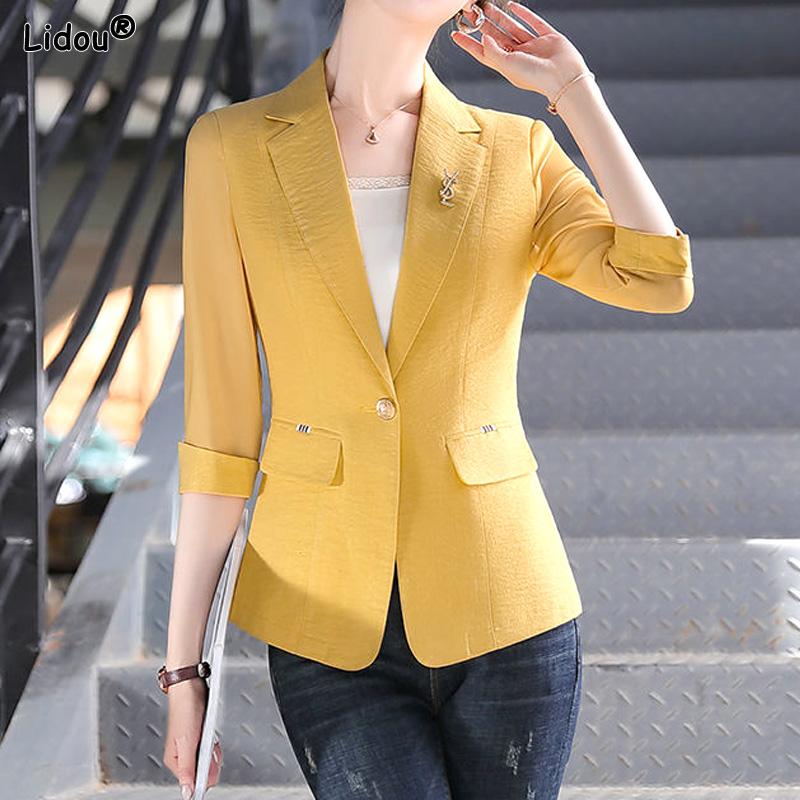 Thin Spring Summer Office Lady Fashion Notched Business Casual Pocket Solid Skinny Simple Three Quarter Sleeve Women's Clothing