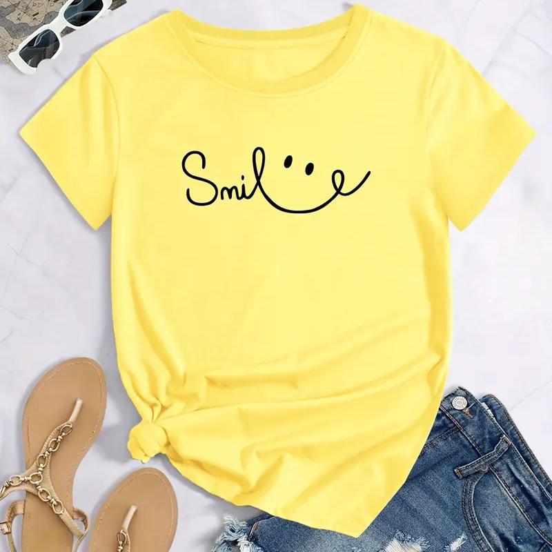 Women Summer T Shirt  Print Smiling Graffiti Short Sleeve Tees Casual   Printed  Tops