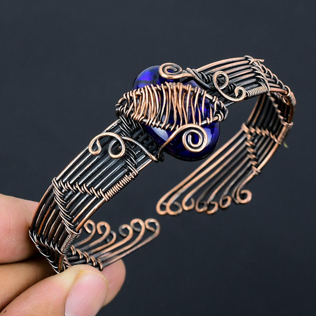 Natural Blue Fire Labradorite Gemstone Copper Wire Wrap Bangle Adjustable O7e47