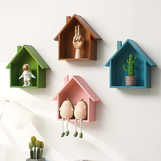 Wood House Wall Display Shelf, Wall Mounted Decorative Floating Shelf, Small Toys Dolls Organizer for Entryway, Living Room, Nursery