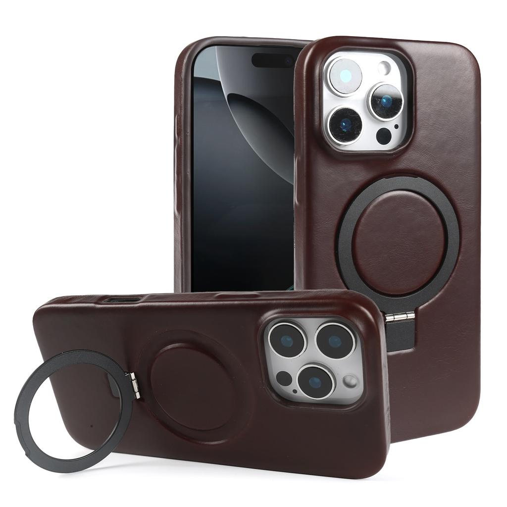 Stand Bracket Genuine Leather Case For iphone 16 Pro Max 16e 15pro 14 13 12 11 Full Wrapped Phone Cases Cover+Magnetic Holder