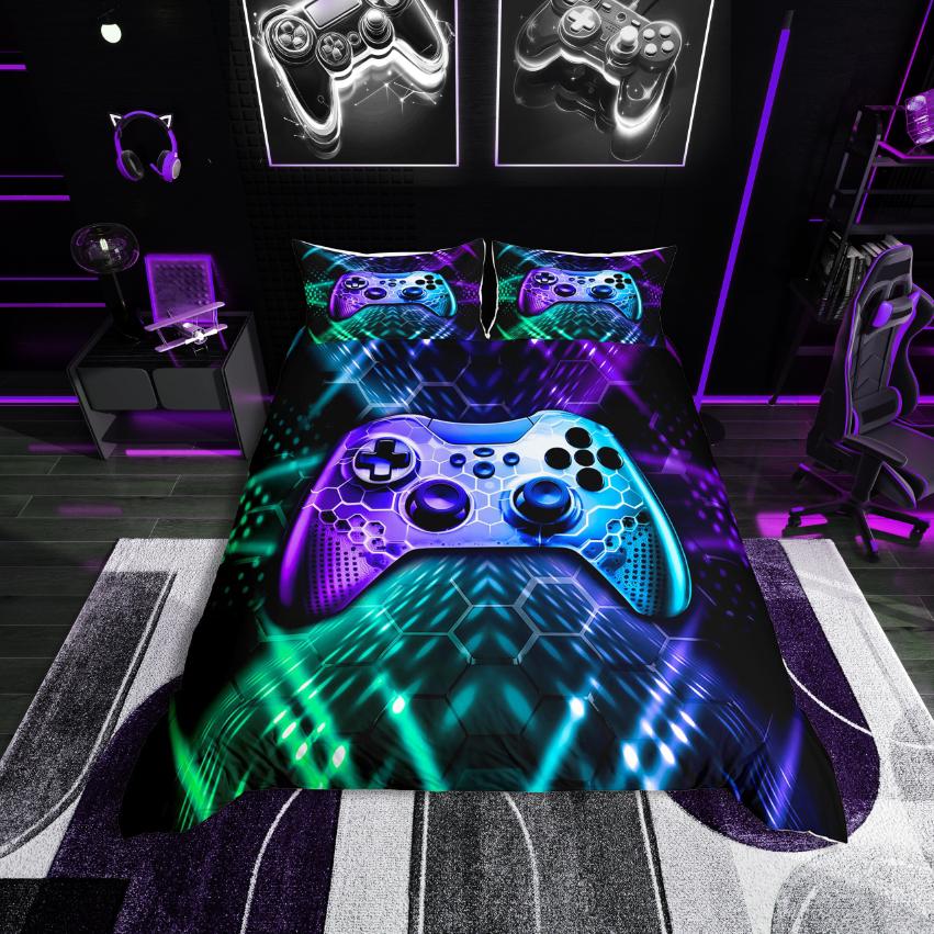Homewish Gaming Duvet Cover Set,Green Blue Gamepad Controller Comforter Cover Set,Modern Video Game Bed Set For Boy