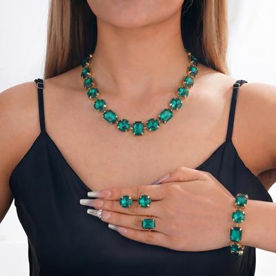 Gorgeous Green Geometric Metal-Inlaid Diamond Luxury Jewelry Set: Exquisite Crystal Necklace & Earrings