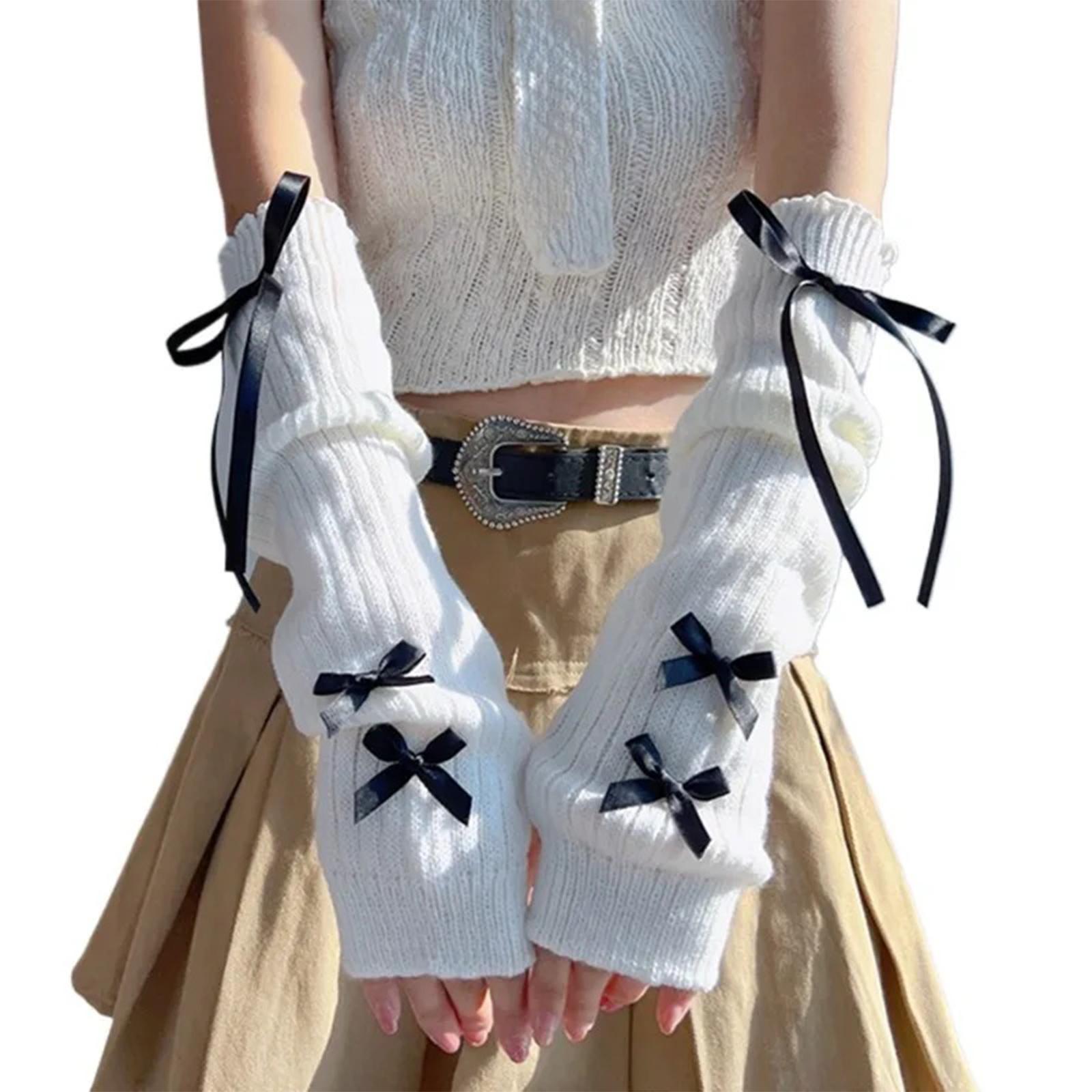 

Мягкие вязаные милые рукава Y2K с бантами для женщин и девочек, варежки с полупальцами, однотонные рукава 1