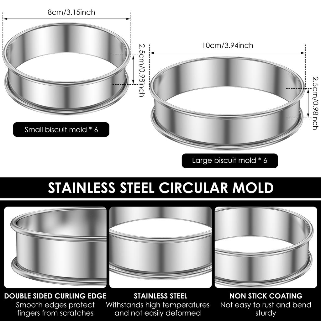 12Pcs English Muffin Ring Stainless Steel Crumpet Rings Nonstick Tart Rings Double Rolled Muffin Tart Rings Crumpet Ring Molds
