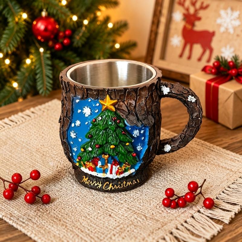 Christmas Tea Cup with Holiday Relief Pattern, Molded Shell, Metal Inner Cup for Gift Use and Winter Table Service