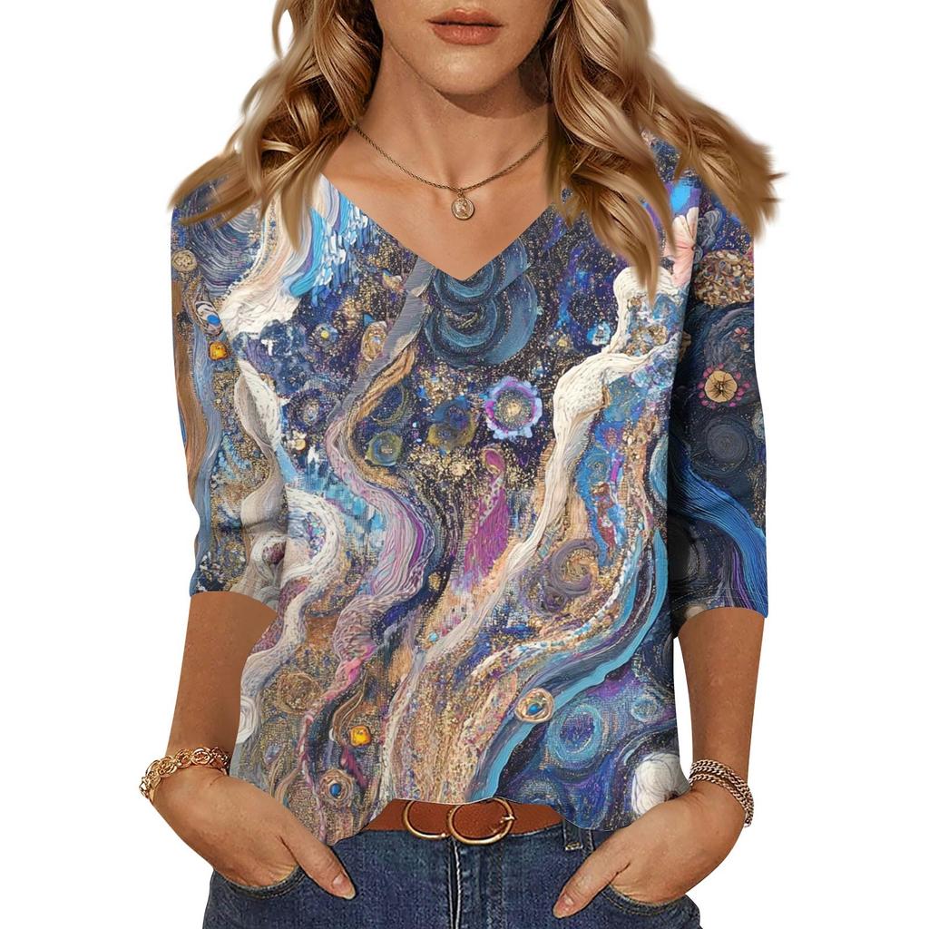 Dámské topy Tříčtvrteční rukáv Košile Výstřih do V Volná Ležérní košile Potisk Tričko