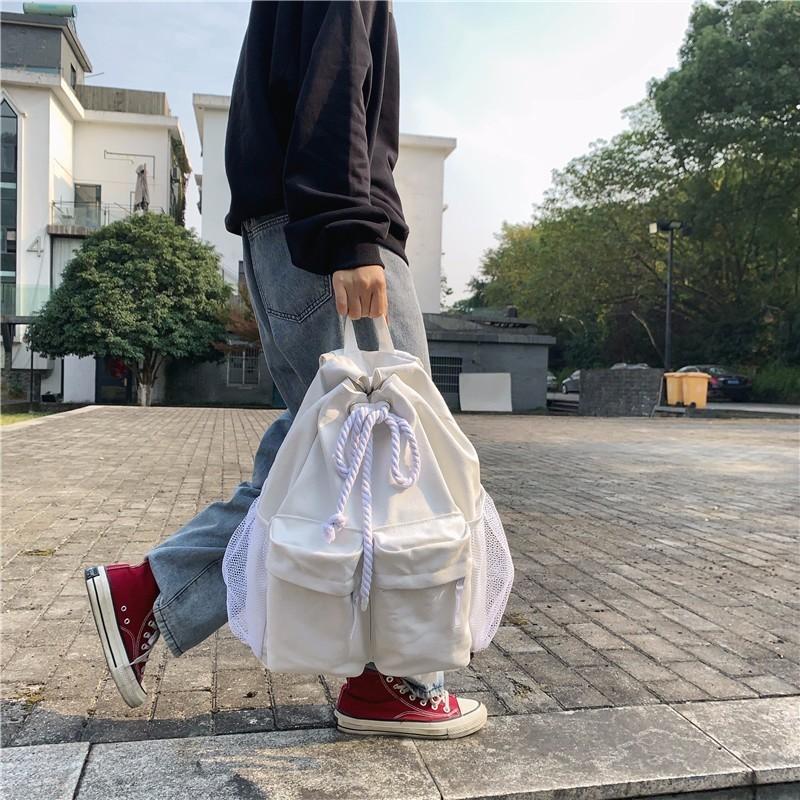 School bag female ins style, Korean version of college student backpack junior high school Mori vintage sense pumping belt versatile canvas backpack