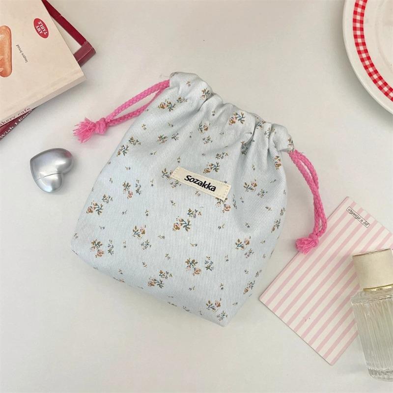 Women Tote Rope String Makeup Bags Organizer Cute Flower Small Lipstick Cosmetic Coin Purse Key Drawstring Storage Bag