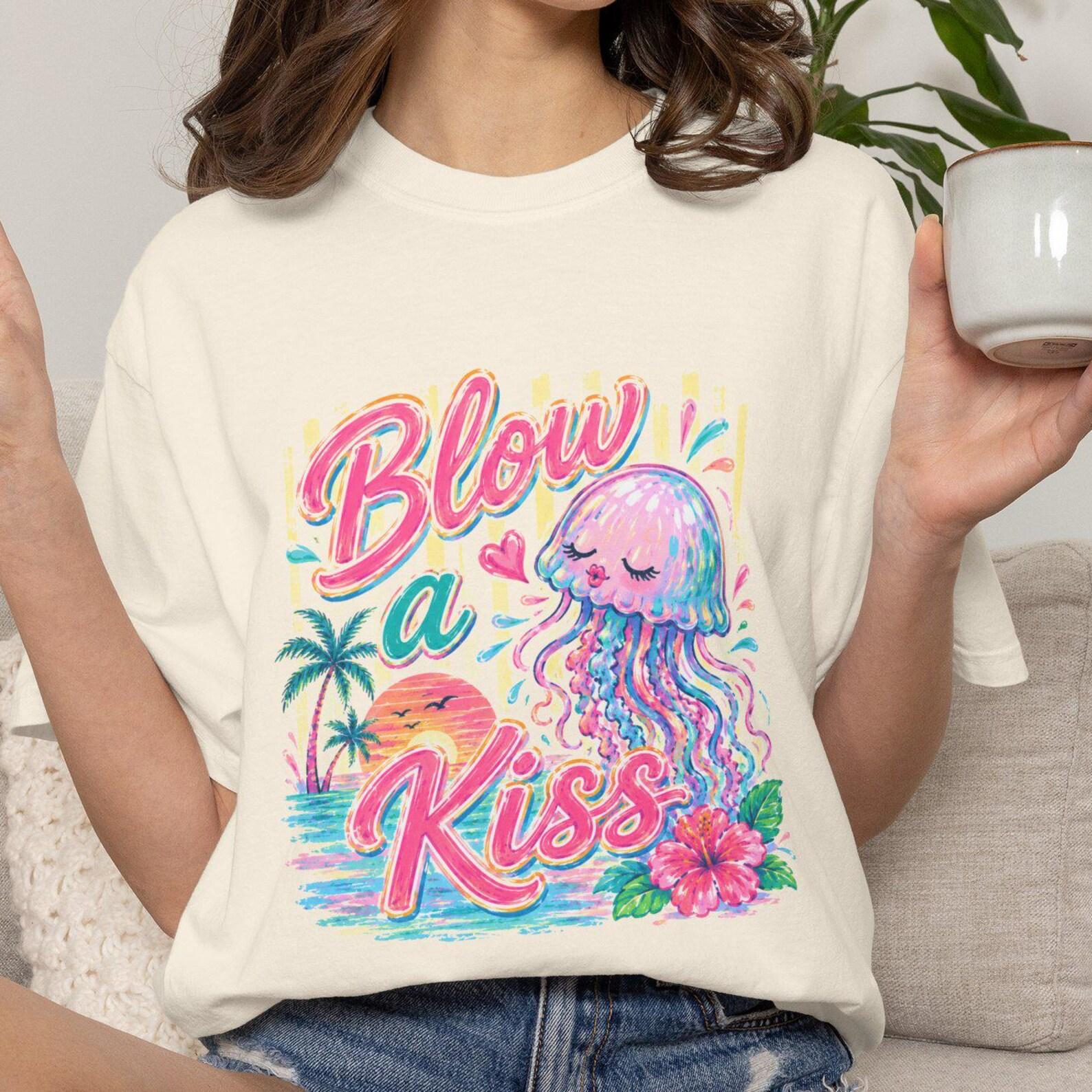 Blow a Kiss Jellyfish Shirt, Preppy Summer Graphic Tee, Coastal Fish Shirt, Colorful Beachy Vacation Tee, Trendy Tropical Womens Tshirt L