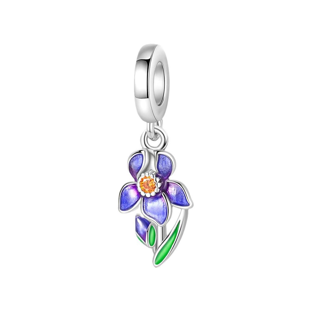 S925 Silver  Iris Flower Pendant Charm Beads for DIY Bracelet Necklace Jewelry Making Craft Supplies