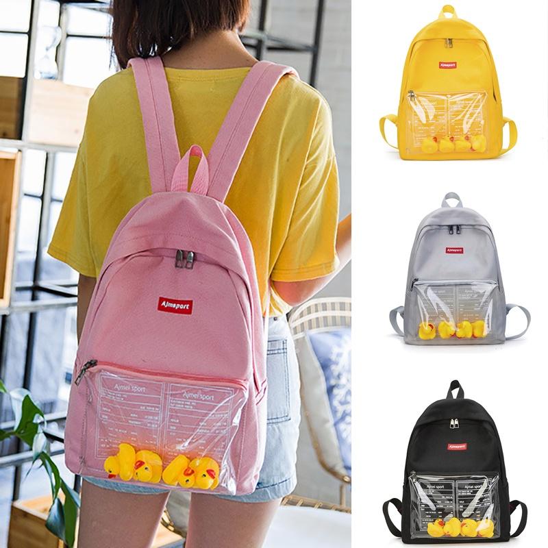 Durable Canvas Womens Backpack With Fun Duck Toy And Transparent School Bag Design
