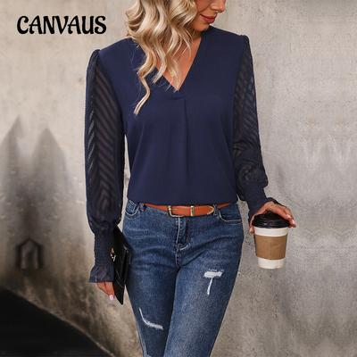 Spring and Autumn Women's Blouse V Neck Emperament Elegant Solid Color Long Sleeve Tops