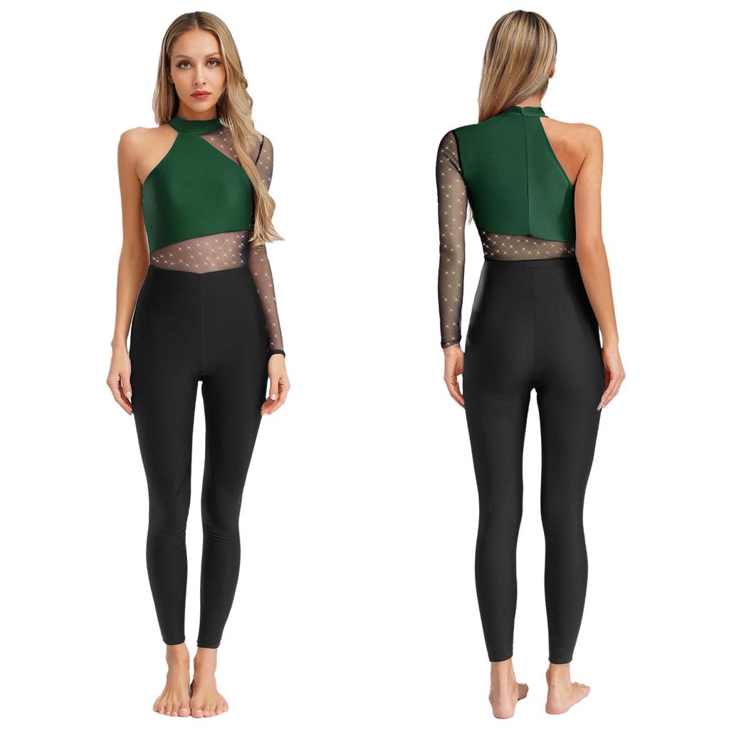 Ein-Schulter Tanz- und Bühnenbody für Damen S-XXL: Funkelndes Strass- und transparentes Netz-Langarm-Gymnastiktrikot