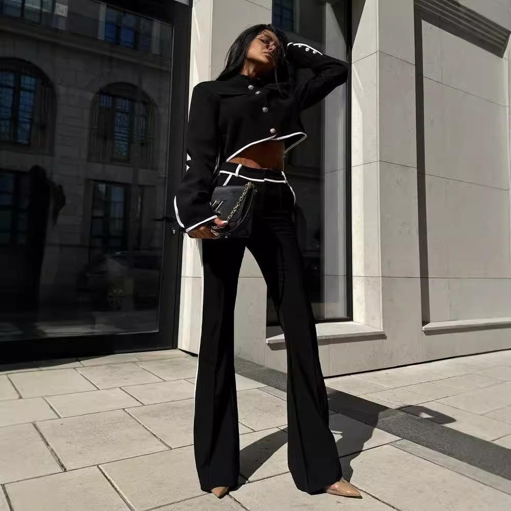 

Женский комплект кроп-топ с цветовыми блоками и брюки с высокой талией, Осень 2024 XL чёрный