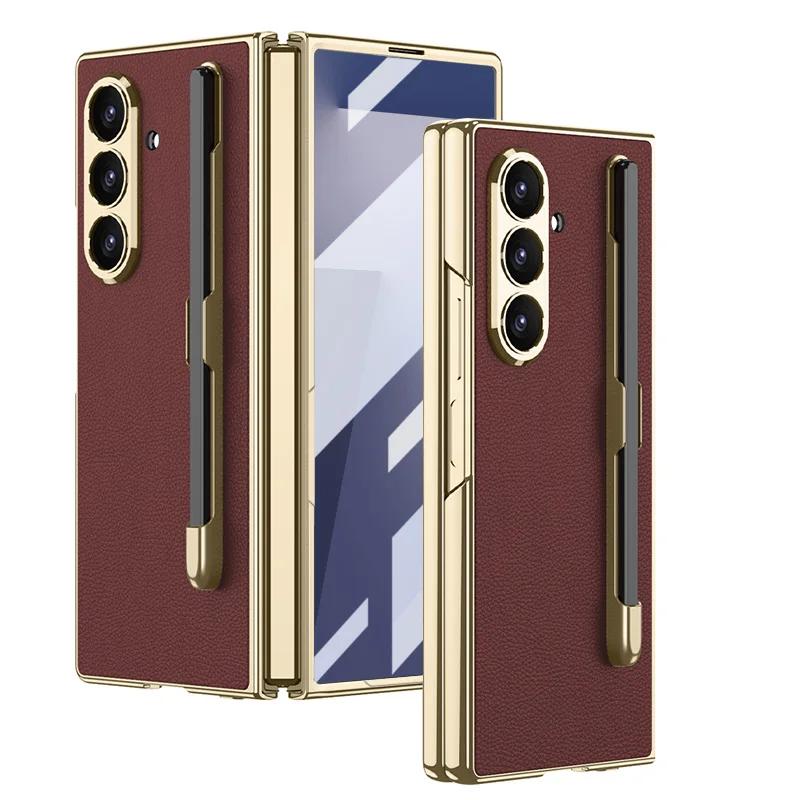 

Tempered Protective Film Pen Slot with Pen Silk PU Leather Phone Case for Samsung Galaxy Z Fold 7 Fold7 Hinge Protection Cover Galaxy Z Fold7 червоний