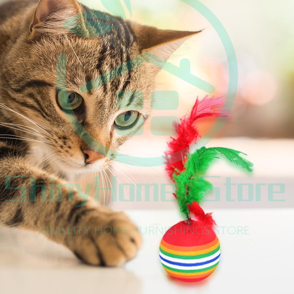12pcs Kitten Colored Rainbow Toy Balls Lovely Teasing Toy Soft Light and Non-toxic Super Cute Beautiful with Feather for Cats