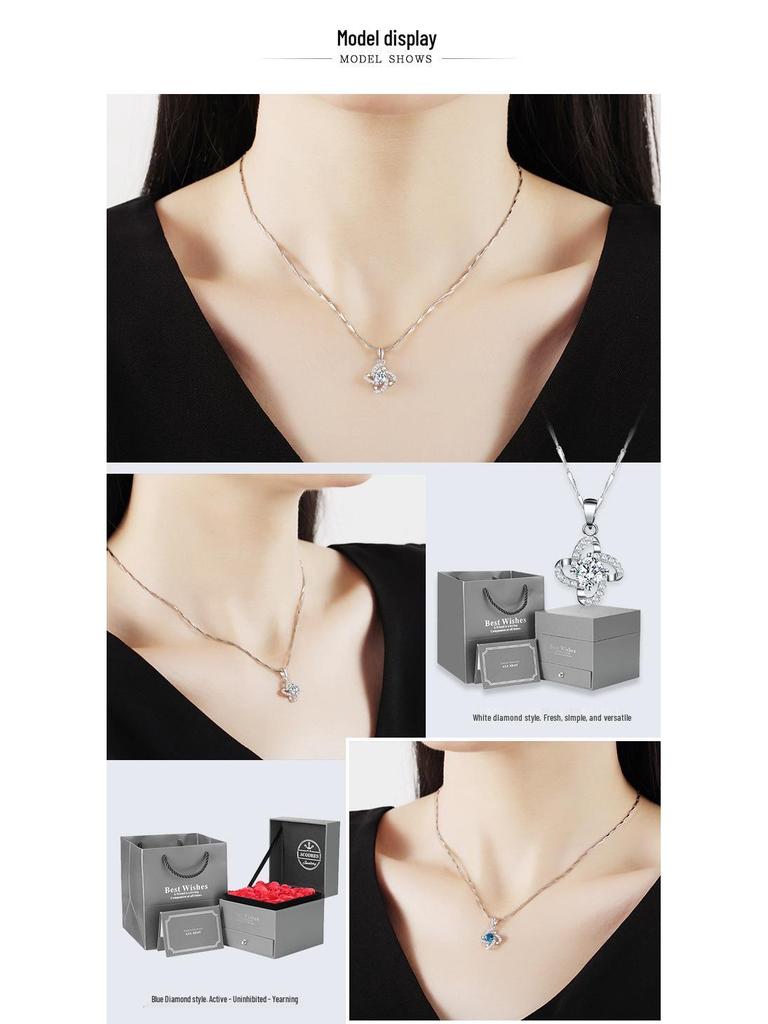 Min Yue 999 Sterling Silver Four-Leaf Clover Diamond Pendant Necklace for Women - Fashionable Light Luxury Design