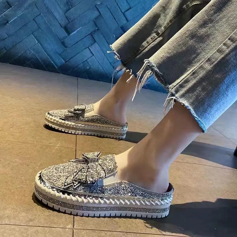 Fashion Diamond Rhinestone Loafers with Crystals Ladies Shoes High On Platform Low Slip Women Footwear Bow Canvas 39 Cotton Trends 2024