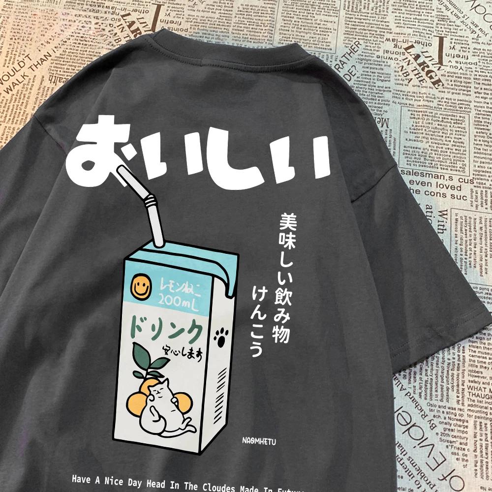 Cute Japanese cat print oversized T-shirt for children, short sleeved loose casual T-shirt