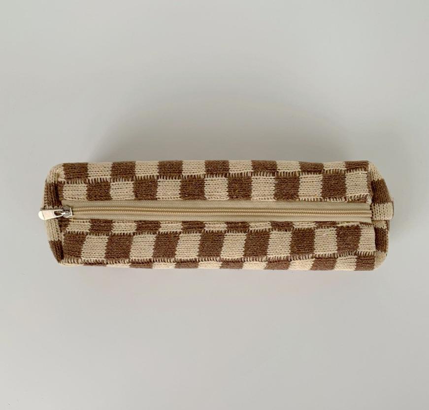 Knitted Plaid Zipper Cosmetic Bag Makeup Brush Pencil Bag School Pen Case