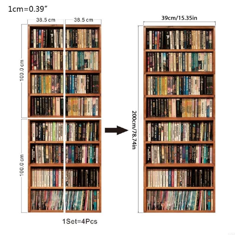 62KD for Creative Door Sticker Bookshelf Bookcase Wallpaper Adhesive Wall Mur