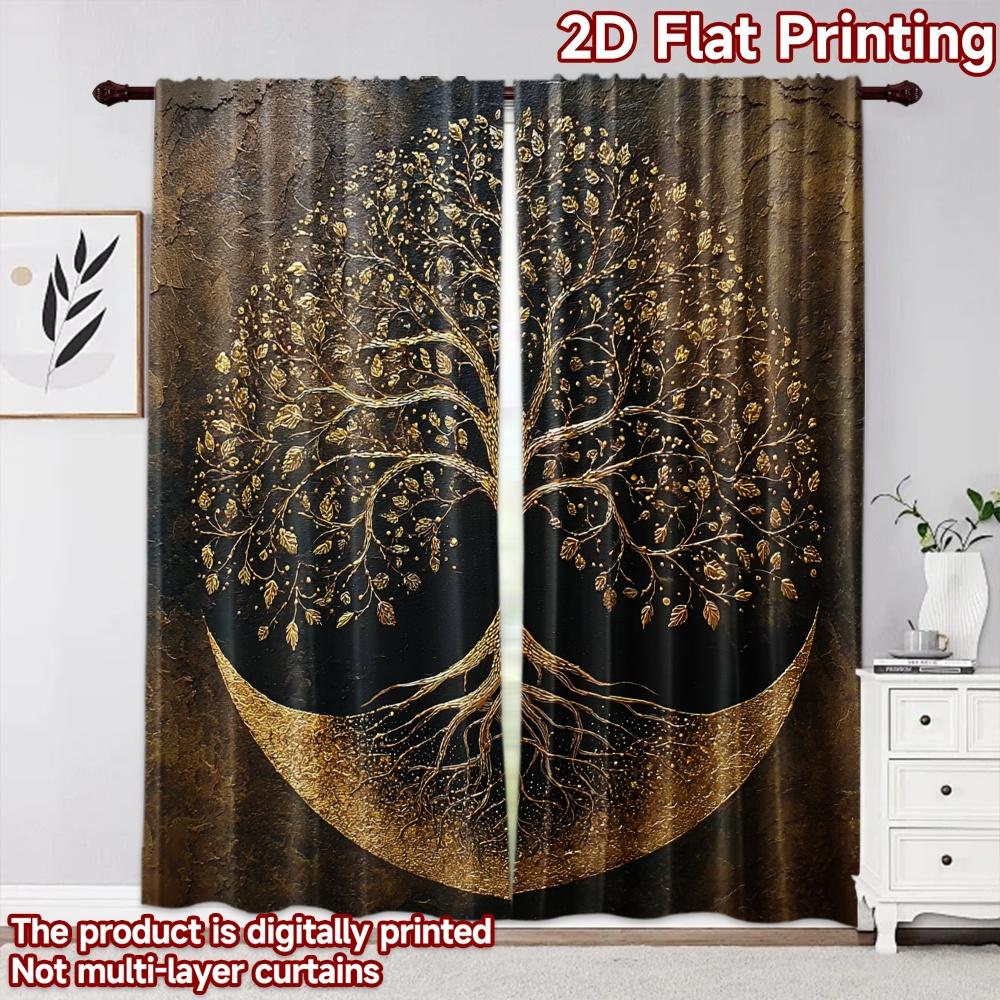 2D flat printing 2pcs Curtain Window Curtains Golden Tree Design Digital Printed Polyester Drapes Festive Wall Decor Perfect for