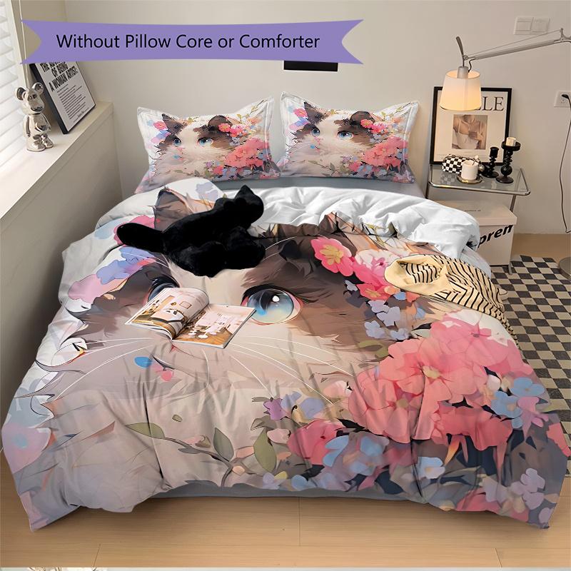 3pcs Artistic Appealing Cat & Flowers Print Bedding Set (1 Cover + 2 Pillowcases, Without Inserts), This Printed Bedding Set is Soft and