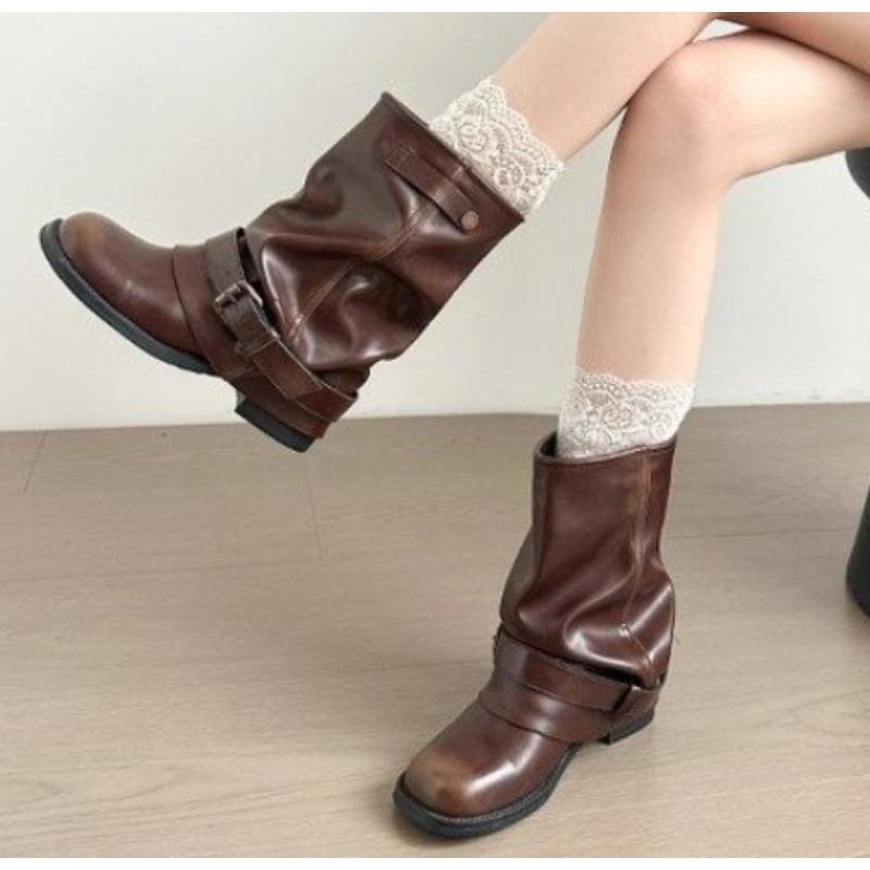 

Новые женские ковбойские сапоги в западном стиле с круглым носком, металлической пряжкой на ремне, плиссировкой и винтажным блочным каблуком. Короткие сапоги. Zapatos Mujer 40 коричневый