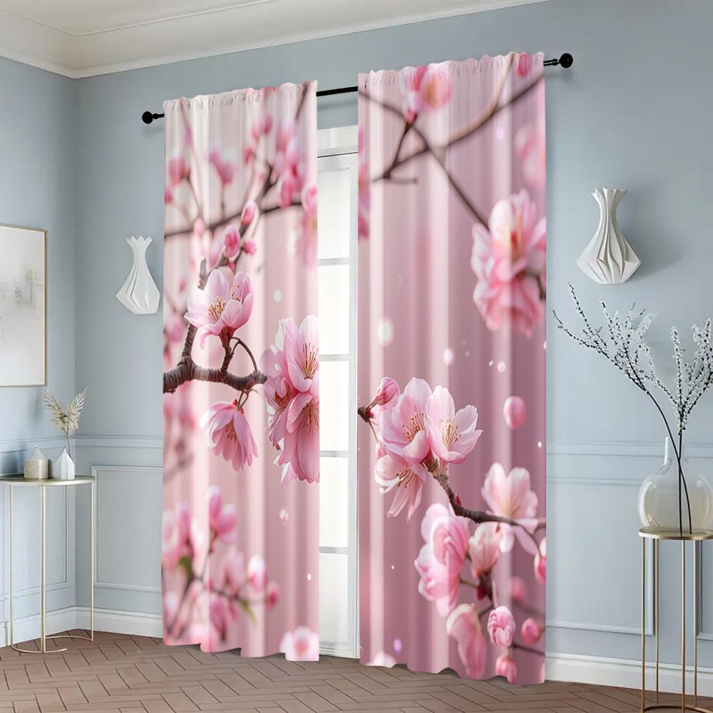 Set Of 2 Curtains Drapes Cherry Blossom Spring Scenery Versatile Polyester Without Rod All Living Room Made Great Window Treatment