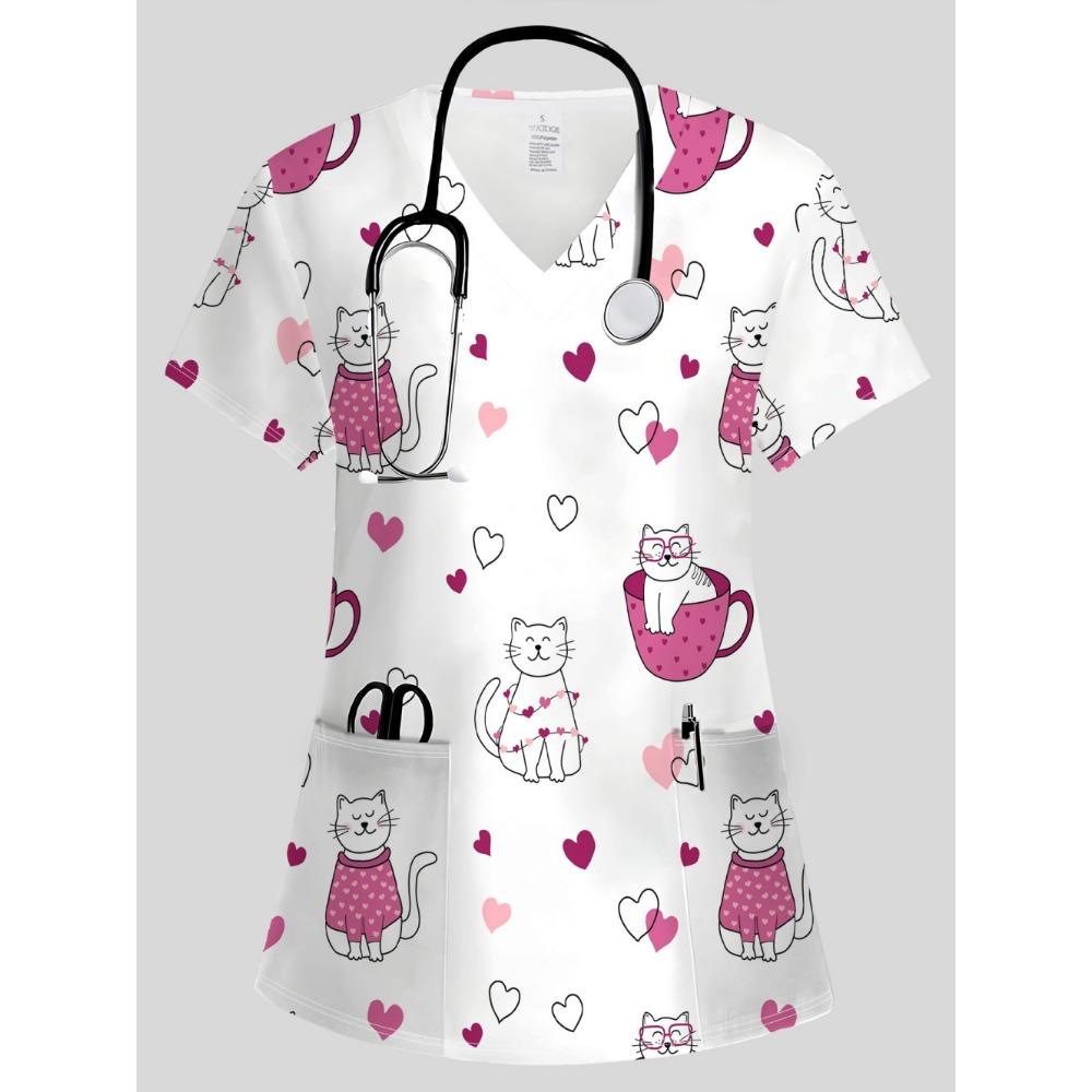 Summer Womens Fashion V-Neck Short Sleeve Uniform Pockets Tops Cute Cat Pattern Print Comfortable Vet Clinical Uniforms Woman