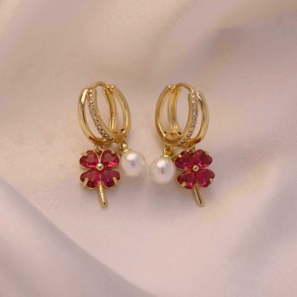 1 Pair Fashion Colorful Four-leaf Clover Zirconia with Imitation Pearls Dangle Earrings for Women Golden Earring Jewelry Wedding Party Accessories