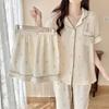 Japanese Imitation Cotton Pajamas Women's Summer Short-sleeved Shorts and Trousers Three-piece Set Women's Loungewear Can Be Worn Outside