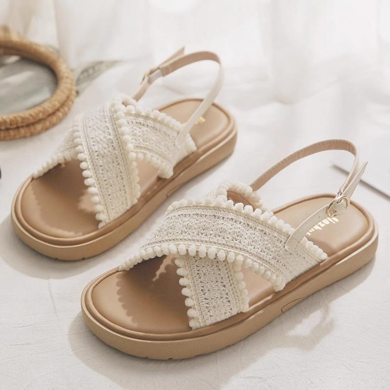 Fashion French Flat-Soled Sandals Women 2025 Summer New Fashion One-Word Buckle Casual Womens Shoes Flat-Soled Comfortable Roman Sandals