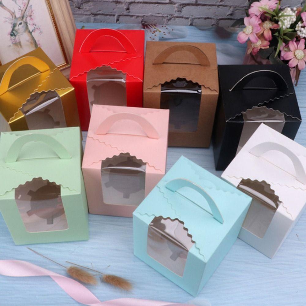 50pcs Party Favors Portable Cupcake Box With Handle With Inner Tray Pastry Box Clear Window Disposable Muffin Box Birthday Party