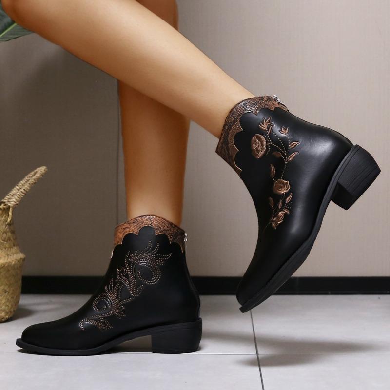 Fashion Women's Thick Heel Cotton Boots New Winter Pointy Back Zipper Embroidery Anti-slip Wear-resistant Short Boots