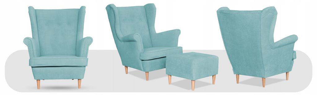 Fotel uszak z podnóżkiem skandynawski welur Hunter Family Meble błękitny