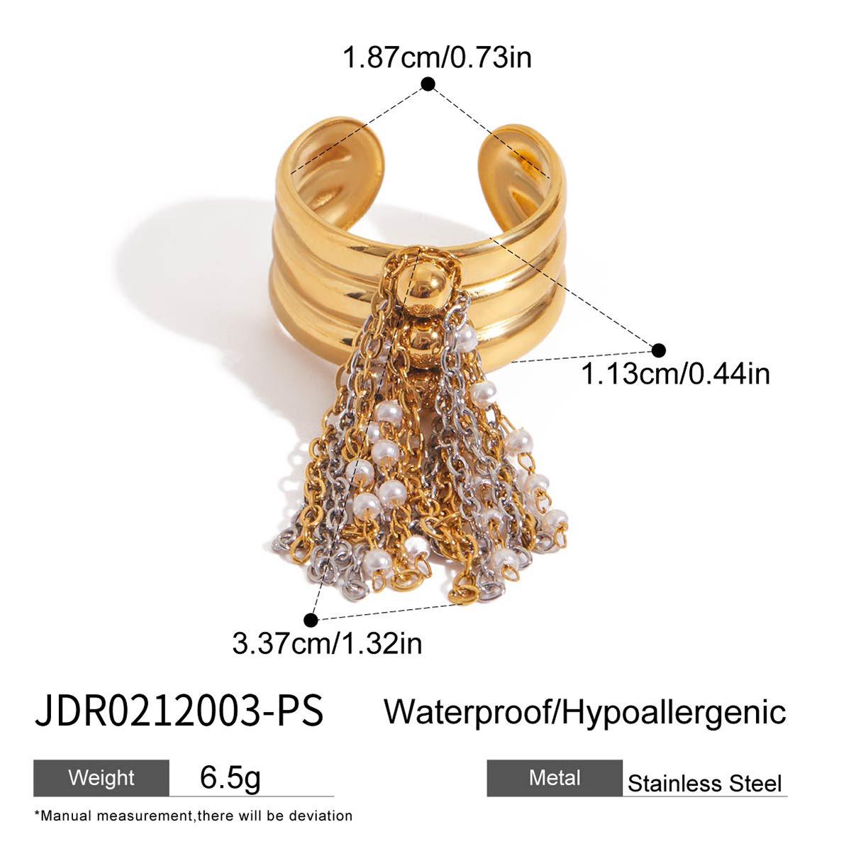 

Trendy Stainless Steel Tassel Ring for Women Beaded Pearl Multilayer Stacking Metal Open Ring Elegant Waterproof Finger Zircon