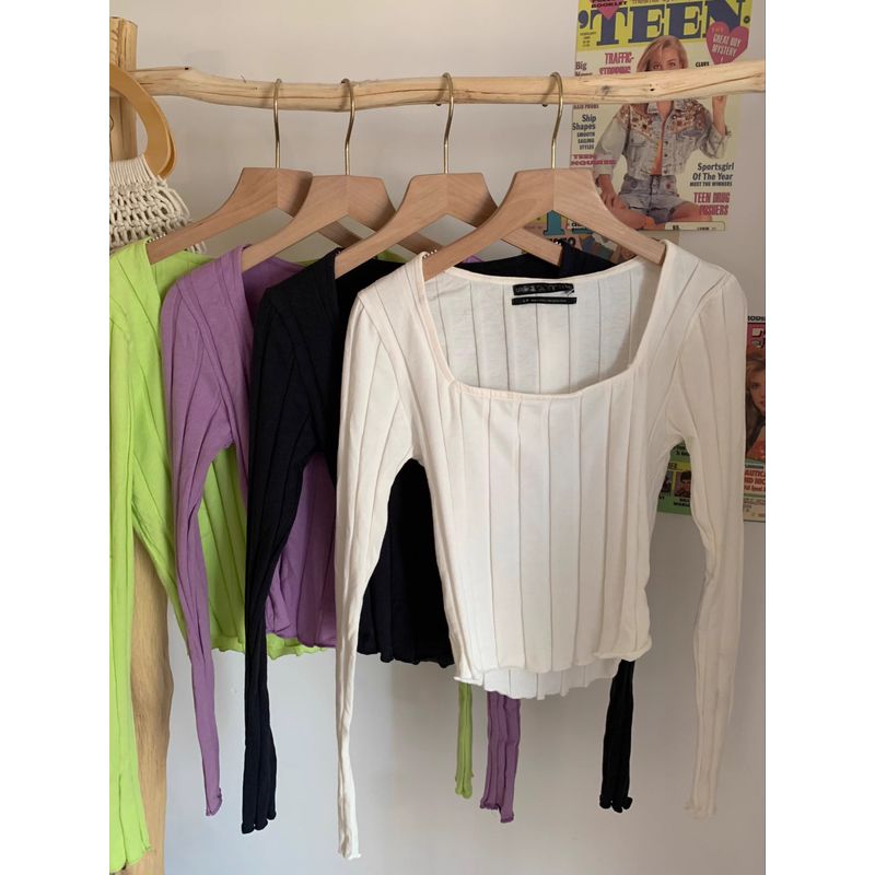 

UO Yuan Large Square Collar Pure Desire Silm Vertical Pattern Long Sleeves Tops T-shirt C768 Taro Purple (Long Short Sleeve M