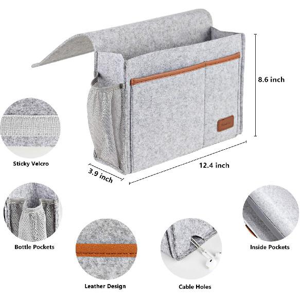 Bedside Caddy, Felt Bed Storage Organizer Hanging Bag Holder with 5 Pockets, Magazine Book Phone Tablet iPad Cables Remote and Water Bottle Holder