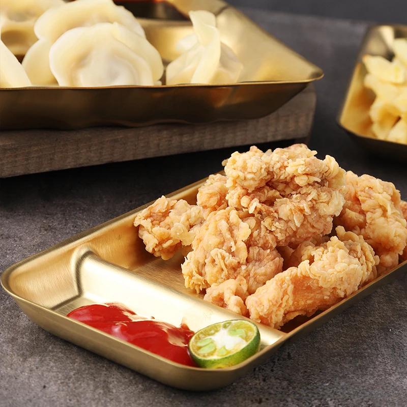 Stainless Steel Compartmentalized Snack Plate Gold Fried Chicken Sauce Dessert Bread Tray Silver with Vinegar Dish Rice Plates