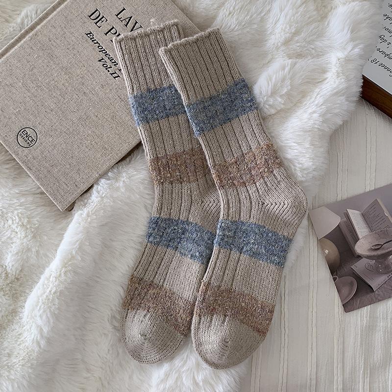 Contrasting Wool Socks Children'S Stacking Socks Seasonal Fleece Thickened Warm Color Matching Flocking Striped Cashmere Medium Tube Socks