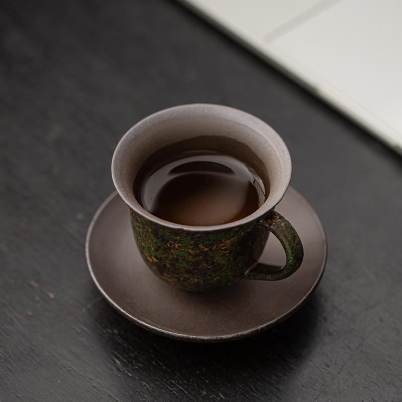 Retro kiln-changed ceramic cup coarse pottery coffee cup and saucer set creative souvenir Chinese tea cup with bottom saucer
