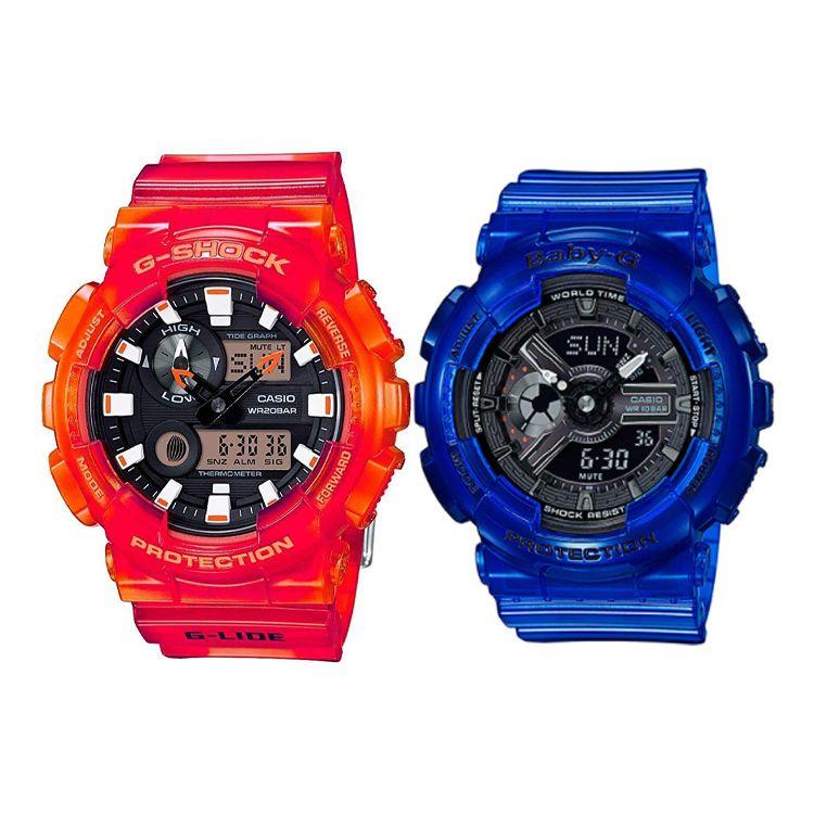 Casio Couple Series - Round Dial Series Summer Transparent Tidal Moon Phase Vibrant Orange Jelly Quartz Movement GAX-100MSA-4A+BA-110CR-2A Black Dial+Black Dial (Matching Watch)