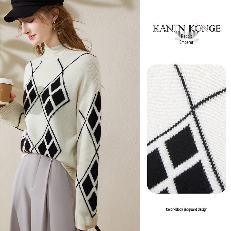 TUHUANG Women's Pure Wool Color-Block Half-High Neck Knit Sweater