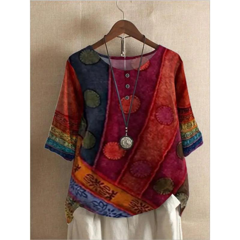 Ethnic Style Women's O Neck Digital Vintage Print Loose Shirt Oversized Half Sleeve Blouses Women Harajuku Casual Pullover